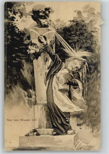 Menschlicher Brunnen spritzt das Kindl an - Künstler sign E.L. 1907 AK