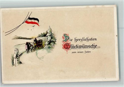 Neujahr - Fahne schwarz-weiss-rot - Postkutsche AK