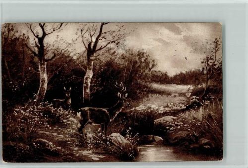 Rehe und Junghirsch am Bach 1916 AK