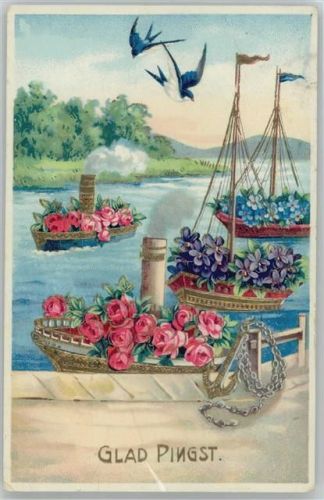 Glad Pingst - Schwalben, Schiffe mit Blumen, Litho Präge Golddruck
