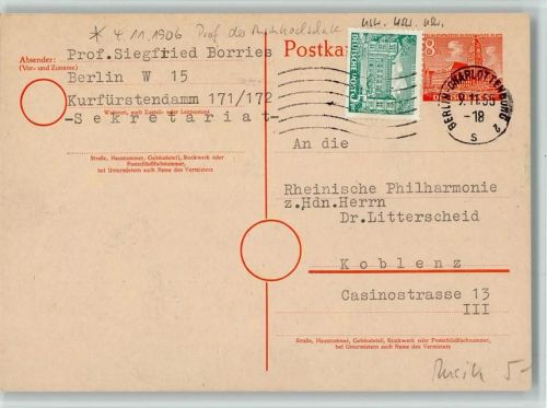 Anfrage an die Philharmonie in Koblenz 1955 AK Musik