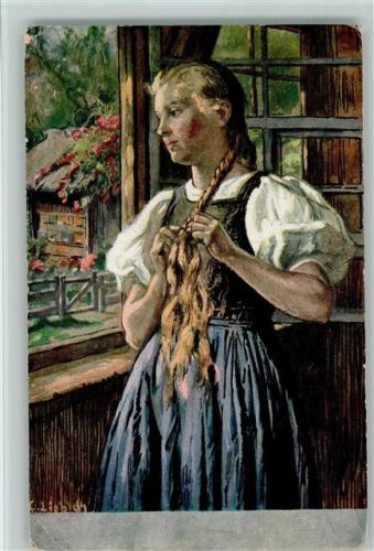Mädchen flechtet Zöpfe - Bei der Toilette Nr. 428 Volkskunstverlag