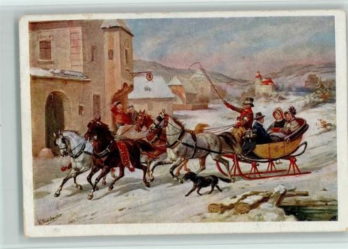 Pferdeschlitten Vierergespann - sign Breidwiser - Wiener Künstler Nr. 849 AK