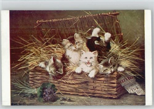 Künstler sign Leon Huber - Katzen im Korb -