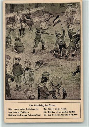 Der Weltkrieg im kleinen , sign Fritz Schoen Gedicht: Die Mädchen müssen stricken und den Soldaten Strümpfe schicken