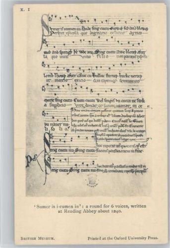 Printed at the Oxford Universität Press. "Sumer is i-cumen in: a round for 6 voices, written at Reading Abbey about 1240s