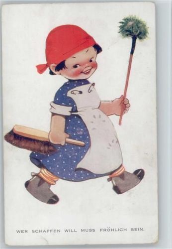 1934 Kind mit Staubmop und Handbesen