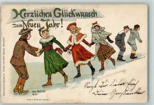 Neujahr - Schöne Frauen beim Üben - Wintersportkarten Nr. 3 Verlag Knauss Schlittschuh Künstlerkarte