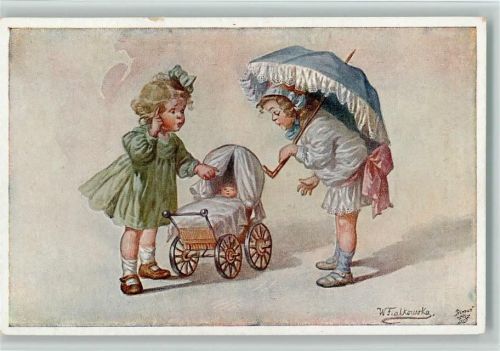 Kinder mit einem Puppenwagen und Sonnenschirm "Muttersorgen Fialkowska, W. Künstlerkarte