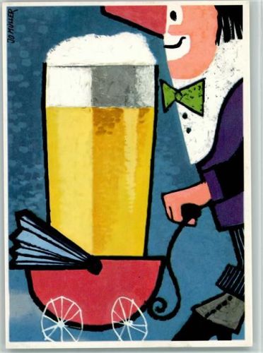 sign Jo Müller Clown mit einem großen Bierglas im Kinderwagen