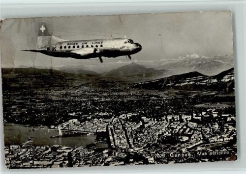 1954 Swiss Air Propeller Maschine über Geneve - AK Flecken