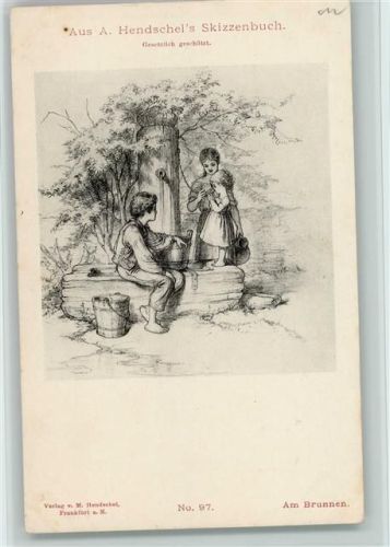 1900 Aus Hendschels Skizzenbuch Nr. 97 AK Kinder am Brunnen mit Holzeimer und Krug