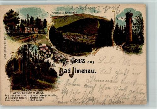 Ilmenau 1901 Gruss aus - Turm Kickelhahn, Schutzhaus Gabelbachhaus AK
