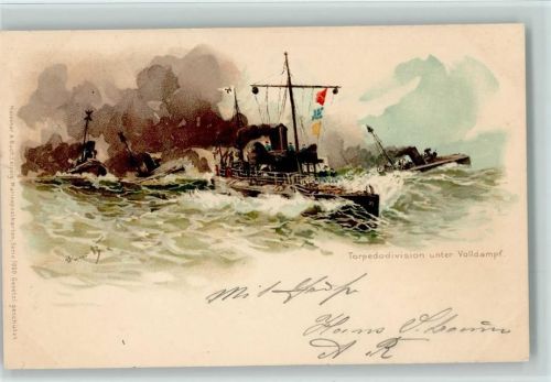 1906 Meissner & Buch Serie 1000 - Torpedodivision unter Volldampf sign Hans Bohrdt