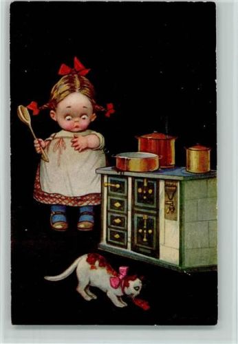 Serie 1900-3 Küchenherd , Katze, Kind mit Kochlöffel