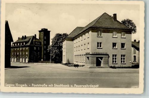 Lugau 1942 Poststraße, Sparkasse , Feuerwehrdepot, gute Erhaltung AK