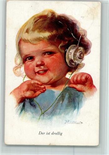 Radio hören - Kindergesicht mit Kopfhöhrer AK Fialkowska, W. 1928