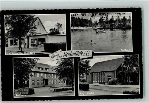Heidmühle 1965 Mehrfachbilder - Lebensmittel Gonitzke, Freibad, Rathaus, Kirche