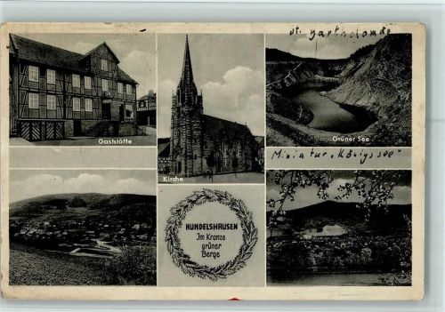 Hundelshausen 1957 Gasthaus Zum Gelstertal , Kirche, grüner See, AK
