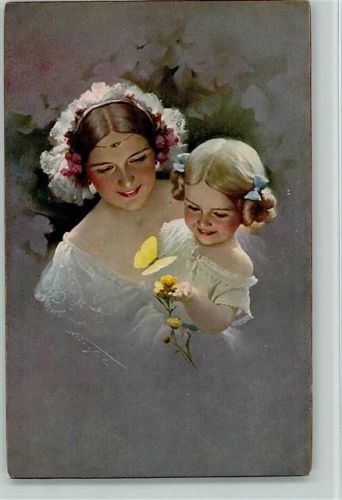 Serie Nr. 20887 sign Knöfel - Mutter und Kind mit Blüten im Haar, Schmetterling