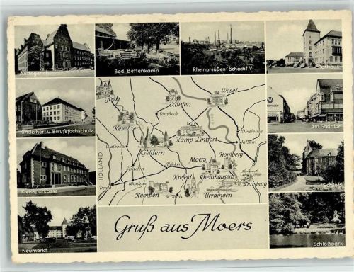 Moers sparkasse, Gericht, Rheinpreußen Schacht V , Schloß,gute Erhaltung AK