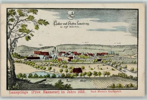 Lamspringe 1912 Kloster und Flecken im Jahre 1653 Nach Merians Kupferstich Bahnpost Hildesheim Zug 868