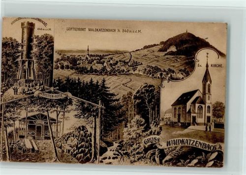 Waldkatzenbach 1912 Aussichtsturm, Stetten-Hütte, Kirche, gute Erhaltung AK