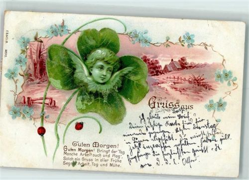 1900 AK mit Glasperlenauflage Glücksklee Marienkäfer Gruss aus Litho