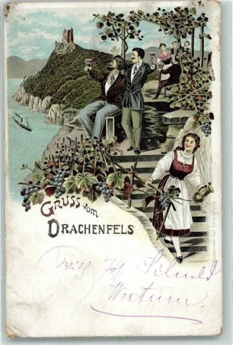 Drachenfels 1897 Moselwein Trauben Ruine Bahnpost Köln - Frankfurt Zug 108