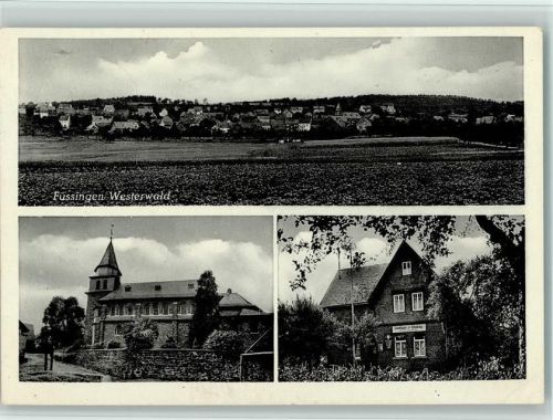 Fussingen 1952 Gasthaus Schmitt, Kirche, Teilansicht, gute Erhaltung AK