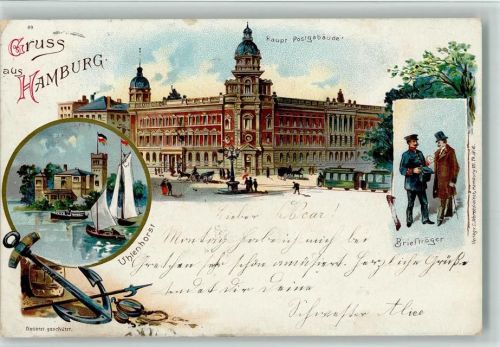 Hamburg 1897 Haupt-Postgebäude Briefträger Straßenbahn Uhlenhorst Anker 3-Bildaufnahme