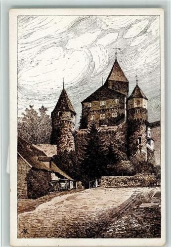 Schloss Zwingenberg - Burgen und Schlösser am Neckar Nr. 11 - AK Federzeichnung sign Gg. Rothgeb