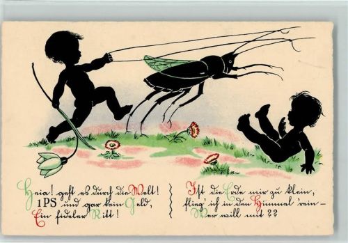 1942 Verlag HB Serie 10661-1 - Scherenschnitte Schattenbild - Babys mit einer Grille
