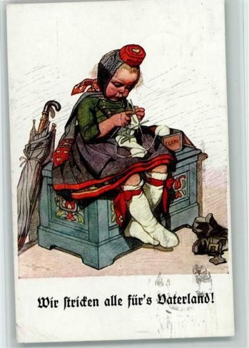 1917 Hessen Tracht - Mädchen beim Stricken, sign Beithan