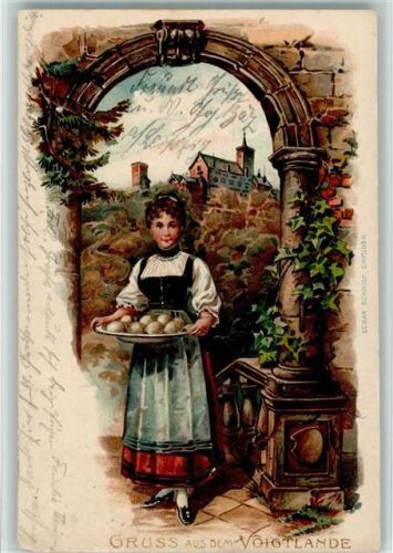 1906 Frau in Tracht mit Knödeln Vogtland