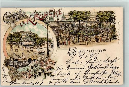 Hannover 1897 Café Kröpcke Pferdekutsche Terrasse 2-Bildaufnahme Bahnpoststempel Zug 2