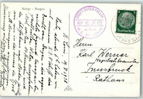 Bordstempel Kraft Durch Freude M.S. St. Louis - Dt. Schiffspost 22.5.38
