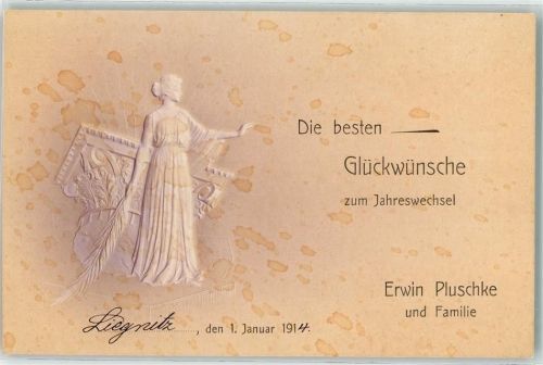 Liegnitz Neujahr Erwin Pluscheke und Familie Prägedruck Ort handschriftlich