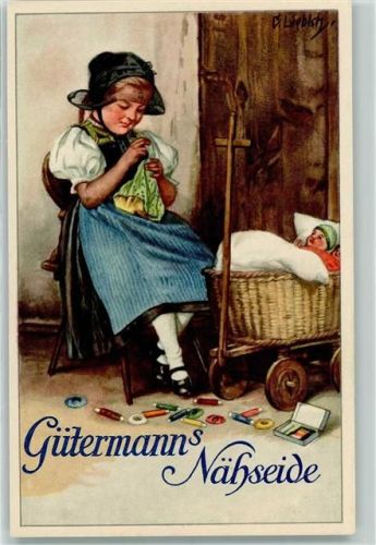 Gütermann Nähseide Kind beim Nähnen Puppenwagen AK