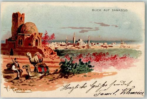 Damaskus 1899 Blick auf Damascus Kamele sign F. Perlberg Künstlerkarte