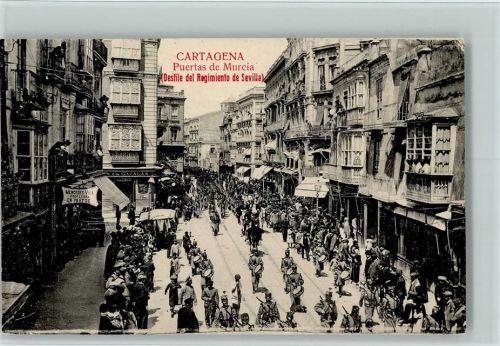 Cartagena 1914 - Puertas de Murcia , Desfile del Regiment de Sevilla - Militär , sehr gute Erhaltung AK