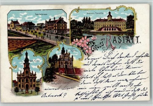 Rastatt 1904 Bahnhofstrasse Schloss Favorite Kath. Kirche Einsiedler-Kapelle 4-Bildaufnahme