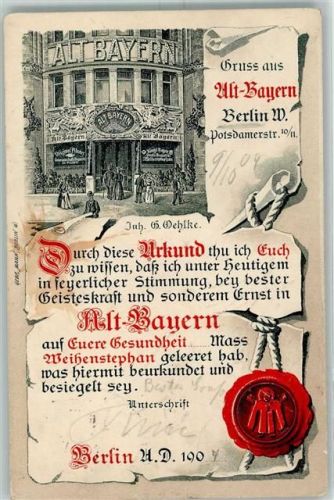 Schöneberg 1904 Gasthaus Alt-Bayern Inh. G. Oehlke Potsdamerstraße 10/11 Urkunde