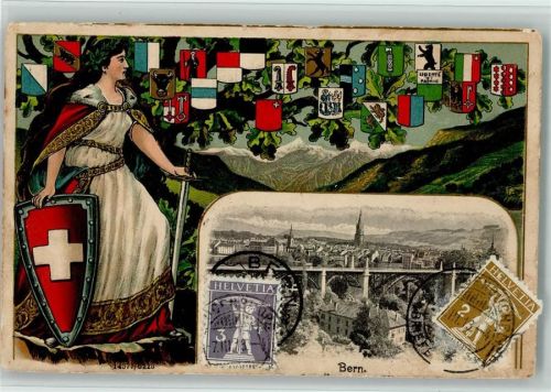 Bern 1913 Lithographie Prägedruck Passepartout Helvetia Wappen Eiche