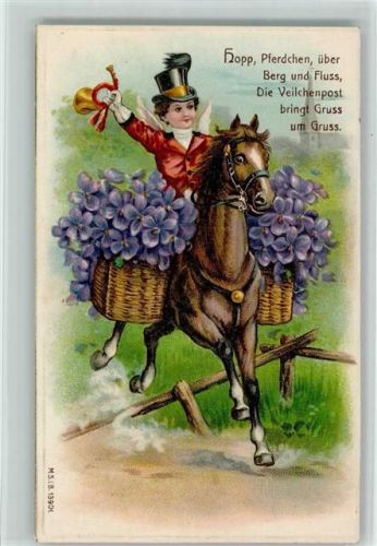 1909 Veilchenpost, Postillon mit Pferd bringt ein Gruss AK