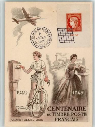Paris 1949 Centenaire du Timbre-Poste Francais 1849-1949, sign Raoul Serres - Künstlerkarte