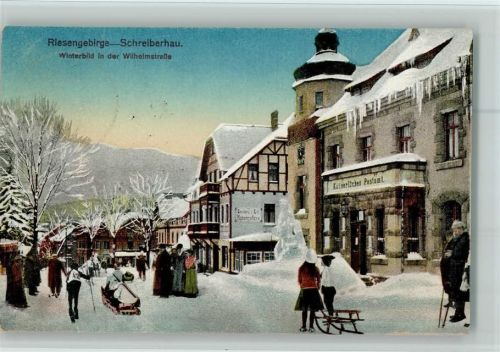 Schreiberhau 1926 Winter in der Wilhelmstrasse , Postamt , Schlitten AK