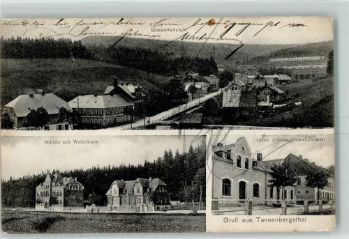 Tannenbergsthal 1913 Schule mit Wohnhaus Ernst Alberts Materialwarengeschäft