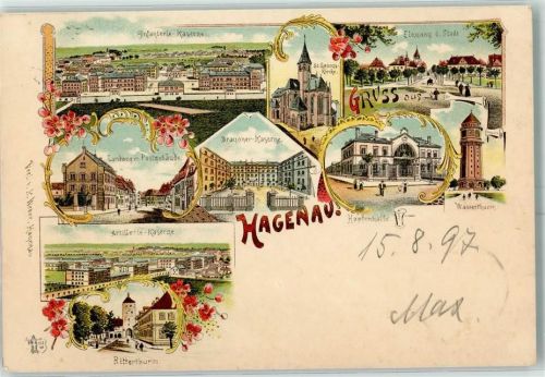 Haguenau 1897 Infanterie-Kaserne St. Georgs-Kirche Wasserturm Hopfenhalle Dragoner-Kaserne Landweg mit Postgebäude Artillerie-Kaserne Lithographie
