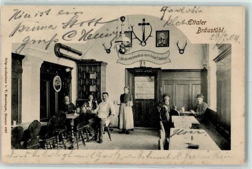 Ettal 1904 Ettaler Bräustübl Gastraum Kellnerin Geweihe Kachelofen